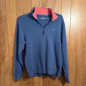 Vineyard Vines Men's Blue and Pink Quarter Zip-Up Sweater
